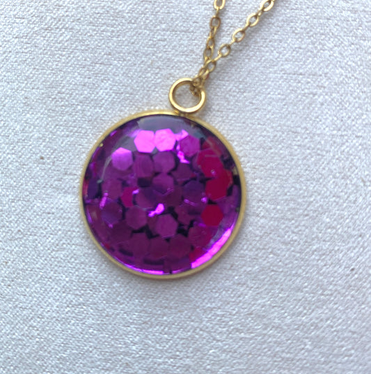 Collier Médaillon Or - Paillette Violette